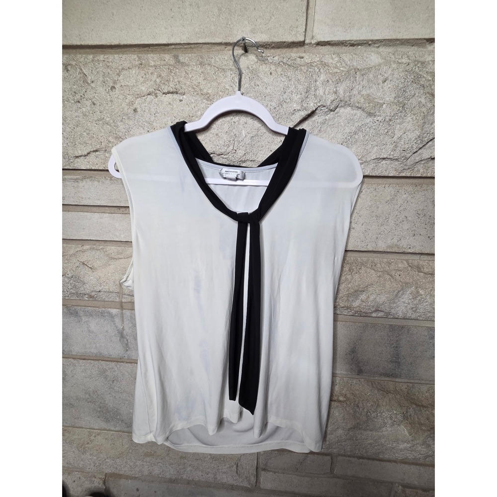 Tahari Arthur S. Levine Womens XL White Black Tie‎ Neck Sleeveless Blouse Top
